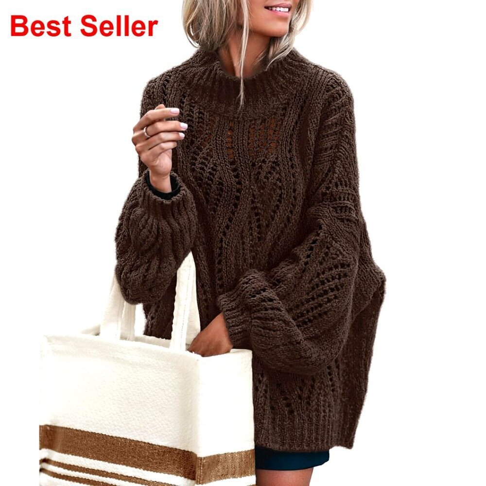 Oversized Crochet Pullover Sweater Lantern Sleeves Mock Neck Fall Winter